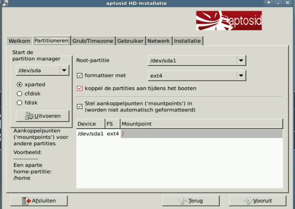 Partitioning tab - aptosid Installer aptosid-Installer2